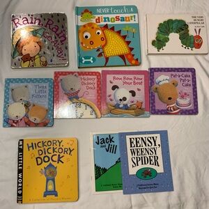 Children’s board books and other loved books. Nursery rhymes, classic stories